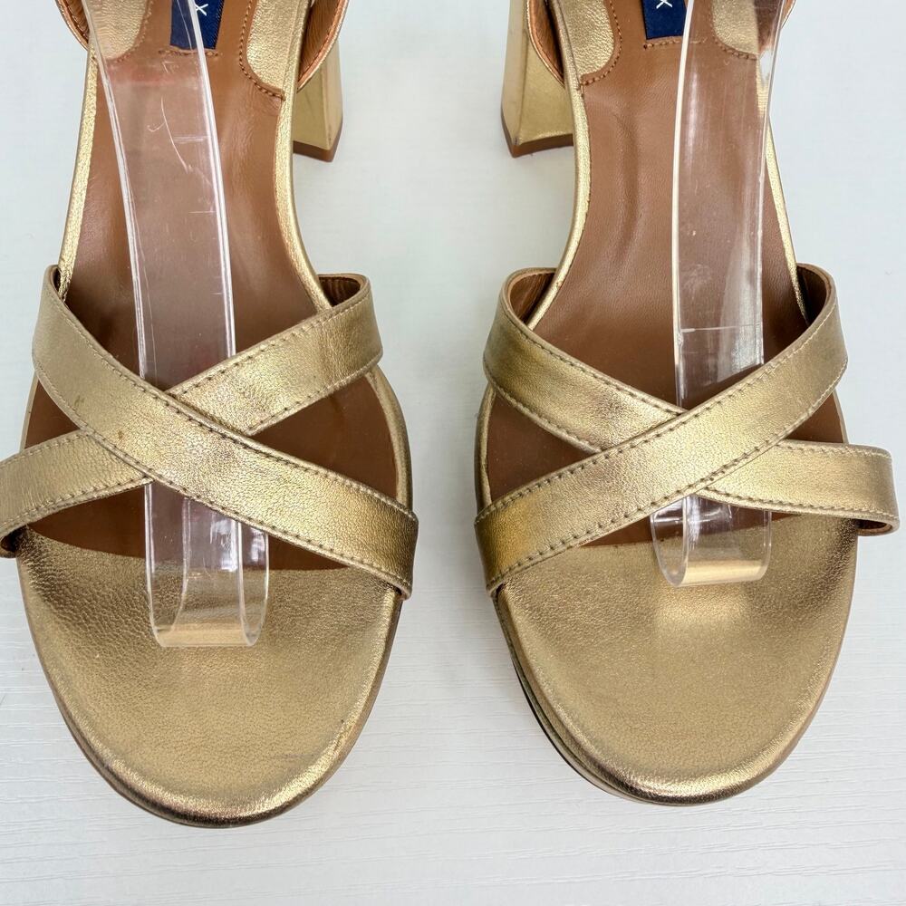 Margaux Gold Nappa Leather Platform Sandals Size 37.5 Block Heel Ankle Strap - Picture 6 of 16